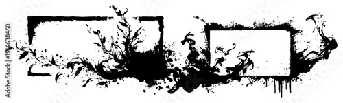 Decorative grunge rectangular frames with floral leafy ornaments and expressive black ink splatters