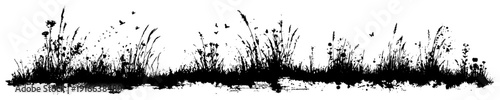 Artistic silhouette of wild meadow grass and field flowers in a grungy ink style