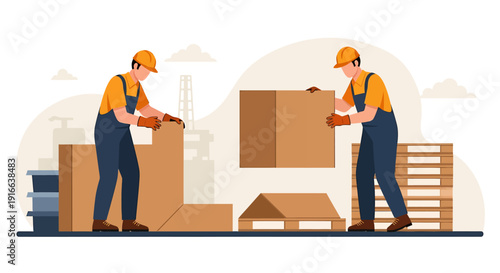 Two movers carefully packing and moving boxes for relocation.