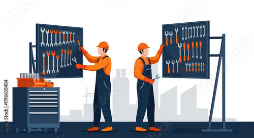 Two mechanics in uniform selecting tools from wall organizers.