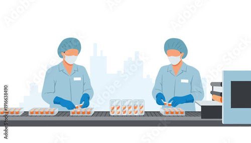 Two workers in protective gear working on a food production line.