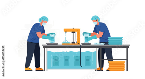 Two workers in a laboratory setting performing an experiment.
