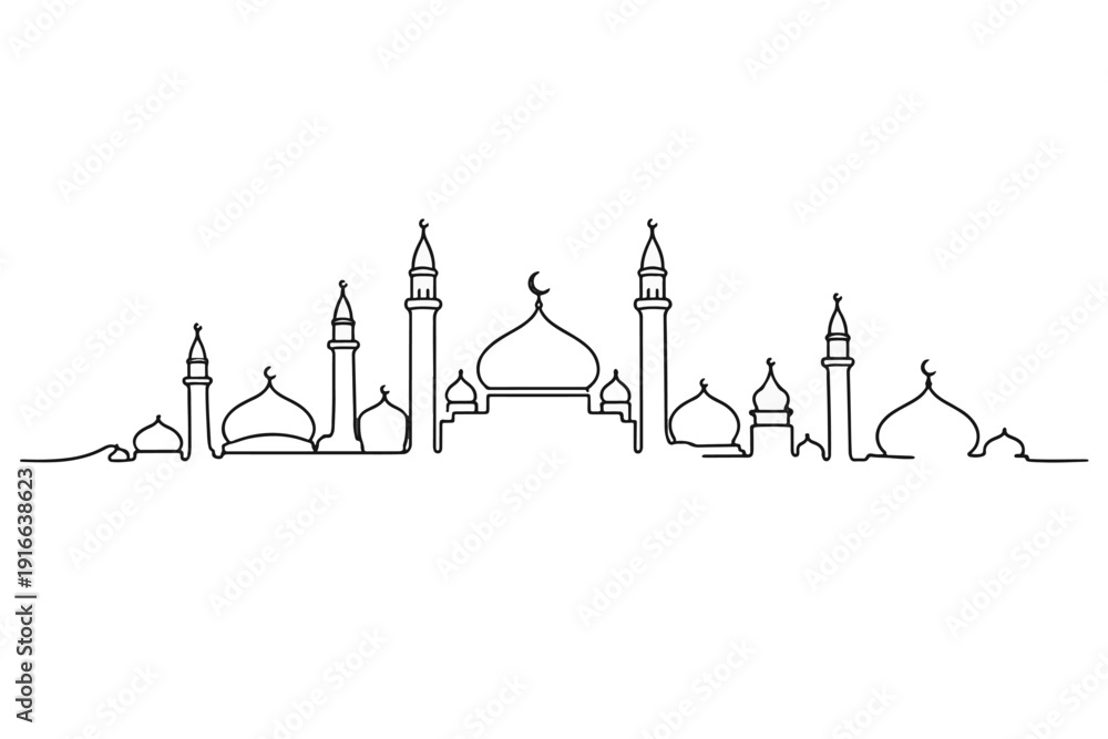 Fototapeta premium Continuous one line drawing of a mosque skyline with multiple domes and minarets, featuring a crescent moon symbol. Created in minimalist black outline vector style on a white background.