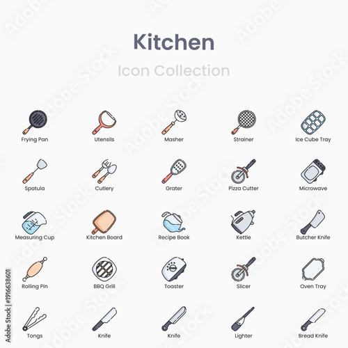 Kitchen utensil and cookware vector icon collection for culinary design