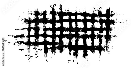 Grungy hand drawn grid of thick black ink lines with splatters and messy texture