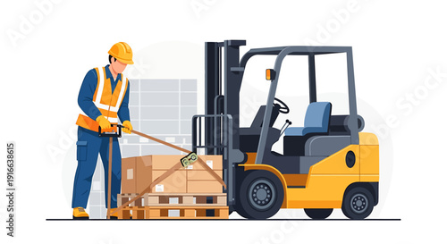 Warehouse worker operating a forklift to move boxes on a pallet.