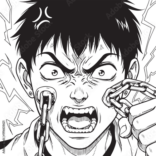 Extreme Close Up Rage Face Anime Boy Screaming with Chain