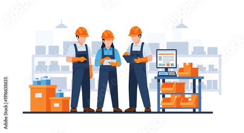Warehouse workers in uniform with safety helmets and equipment.