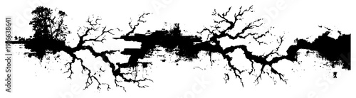Abstract horizontal pattern of cracked earth texture and spreading branches in black ink