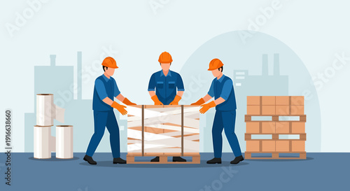 Warehouse workers moving heavy cargo boxes together.