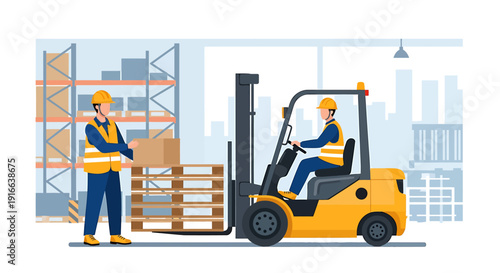 Warehouse workers operating forklift and moving boxes for logistics.