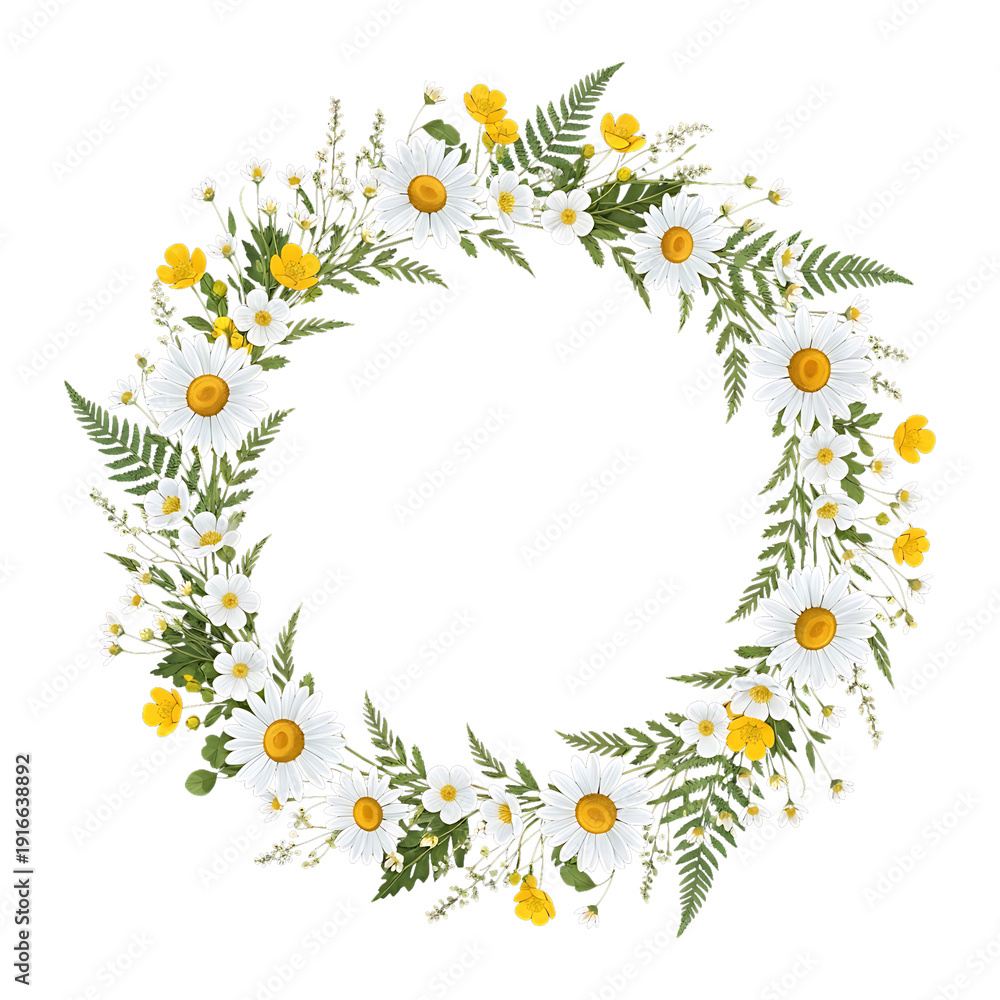 Fototapeta premium Daisy Wildflower Wreath Frame Isolated on Transparent Background Watercolor Illustration PNG