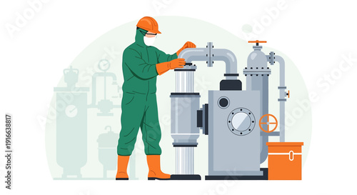 Worker in protective gear maintaining industrial machinery and pipes.