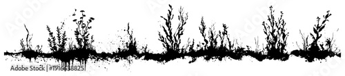 Horizontal silhouette of wild weeds and grass plants with grunge texture