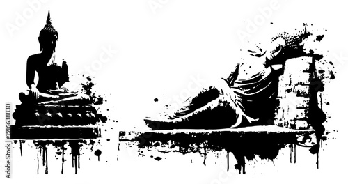 Sitting and reclining Buddha statues in artistic grunge ink splatter style