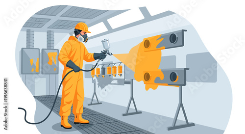 Worker in protective suit painting car parts with spray gun.