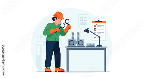 Worker Inspecting Components with Magnifying Glass at Table.