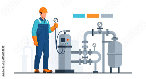 Worker Inspecting Industrial Machinery and Piping System.