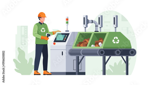 Worker Operating Recycling Sorting Machine with Robotic Arm.