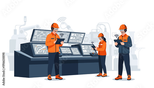 Workers in control room with monitors and tablets.