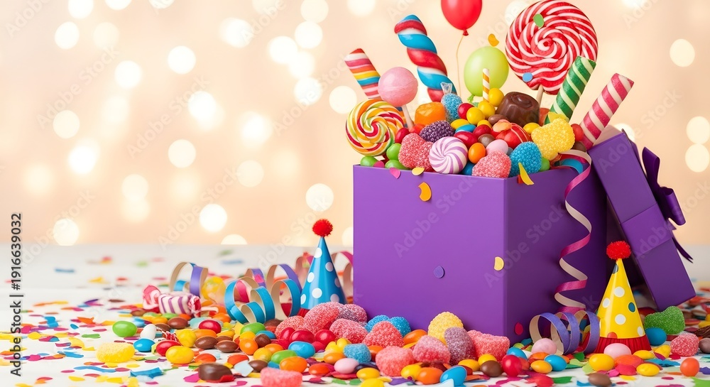 Obraz premium Colorful candy explosion in gift box with lollipops and confetti celebration background