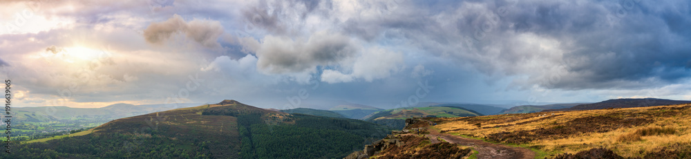Fototapeta premium Upper Derwent Valley panorama at sunset near Ladybower Reservoir in Peak District. England