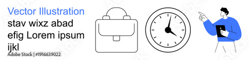 Productivity, business planning, timekeeping, organization, meeting preparation, workflow management. A clock, briefcase and person holding a clipboard. Productivity and business planning concept