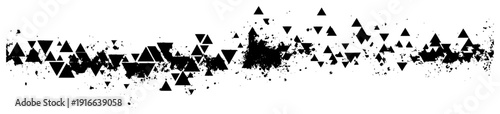 Grungy horizontal stripe with scattered geometric triangle shapes and ink texture
