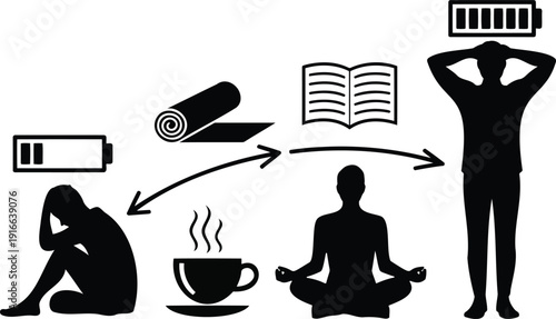 Burnout to recovery journey silhouette infographic with tired and energized employee, workplace healing concept, perfect for HR training, wellness guides