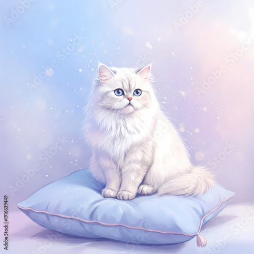 Fluffy white Persian cat sitting on soft blue pillow with magical sparkles on pastel background