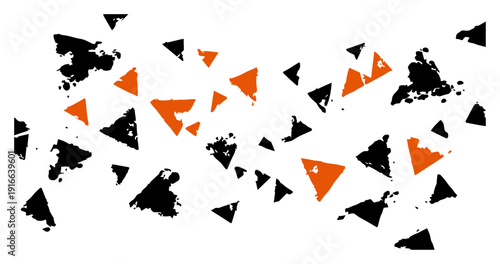 Abstract pattern of distressed black and orange triangles with grunge texture