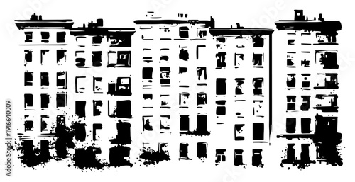 High contrast city buildings silhouette with artistic black ink grunge textures