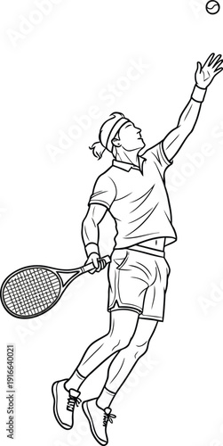 Black and white line art illustration depicting a focused male tennis player performing a powerful overhead serve toss during a competitive match.