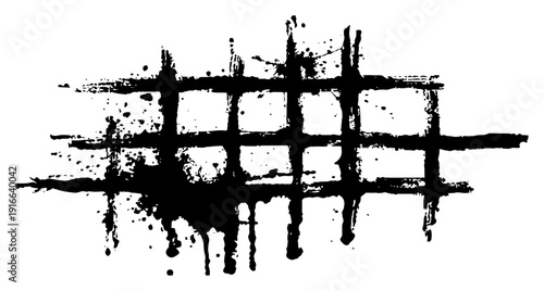Grungy hand drawn grid of thick black ink lines with messy splatters