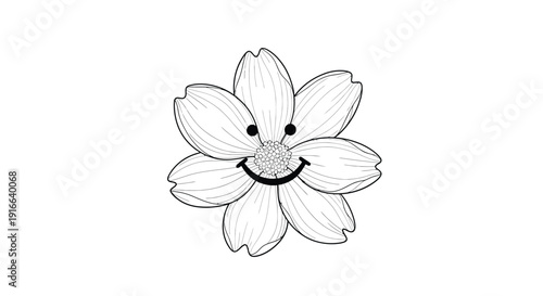 Charming black and white line art illustration depicting a happy blooming flower face with large petals and a joyful simple expression for coloring projects.