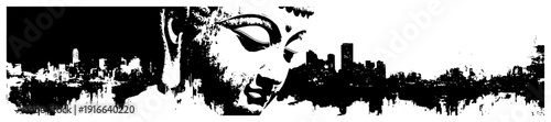 Artistic Buddha head silhouette over a city skyline with grunge ink textures