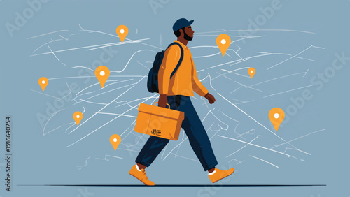 A person with a backpack and briefcase walks past map pins