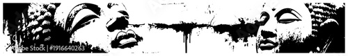 Horizontal banner featuring serene Buddha face silhouettes with messy ink splatters
