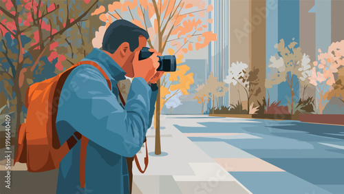 Man with backpack photographs cityscape with autumn trees along sidewalk