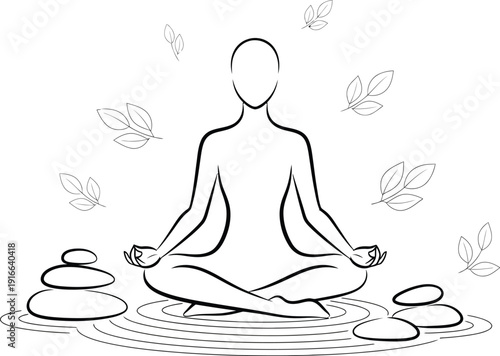 Minimalist line art illustration depicts a serene figure meditating in lotus position surrounded by balanced stones and falling leaves promoting tranquility and wellness.