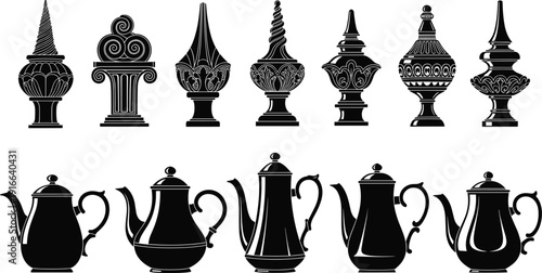 Collection of vintage teapots and ornate decorative finials, antique tea kettles vector silhouette illustration isolated set