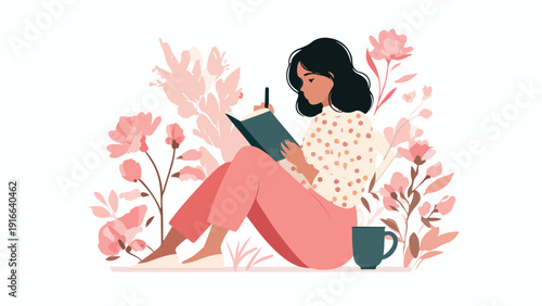 A person sits cross-legged among flowers, writing in a book with a pen and a mug nearby