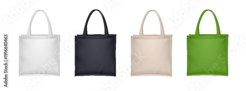 Tote bag canvas eco friendly shopping bag mockup, white beige black green colors on isolated white background.