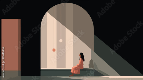 Person in orange dress sitting in archway with dramatic light