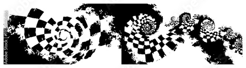Optical illusion checkered spirals with distressed grunge ink textures