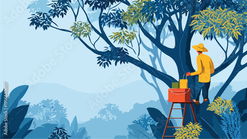 Person in yellow collects items from a tree using a ladder and bucket