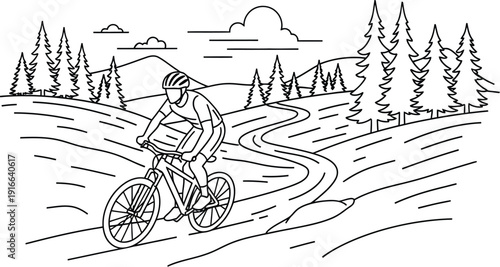Cyclist wearing a helmet navigates a winding mountain trail through a dense forest landscape in this detailed line art illustration