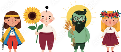 Cute folk characters illustration with traditional clothing sunflower wheat and harvest symbols colorful flat vector design for autumn festivals cultural education and seasonal projects