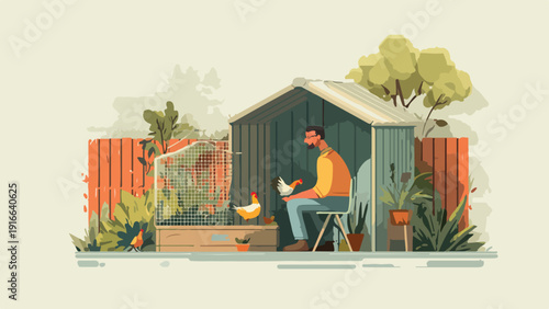 Man sits in a garden, holding a chicken near a coop, with trees and a fence