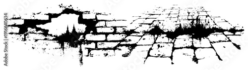 Grunge architectural elements with brick wall crack and cobblestone street path